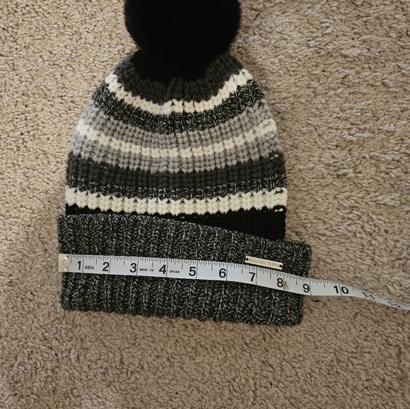 Michael Kors Shaker Stripe Faux Fur Pompom Woman’s Beanie - Black, Grey, White - Picture 3 of 4